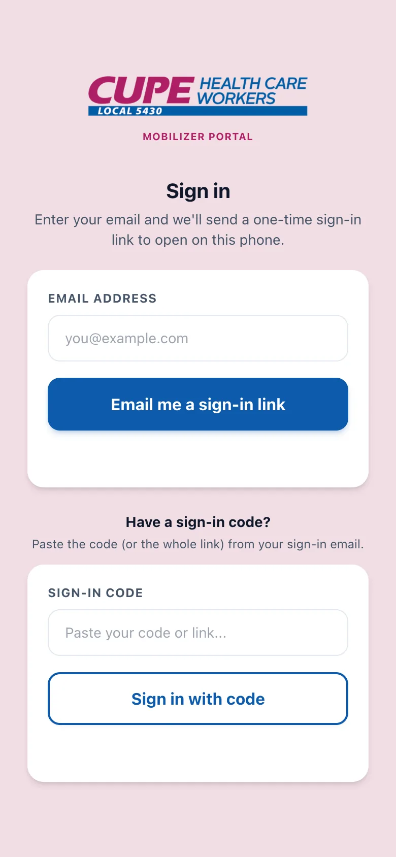 The sign-in screen's paste-a-code box